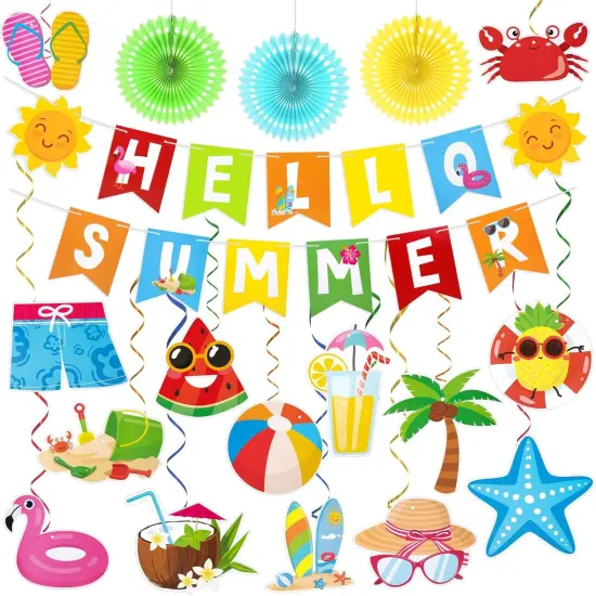 Summer Pool Party Decorations, Hello Summer Banner Paper Lanterns Beach Hanging Streams Decor for Hawaiian Luau Tropical Vacation Outfit Birthday Party Supplies Favors {1}