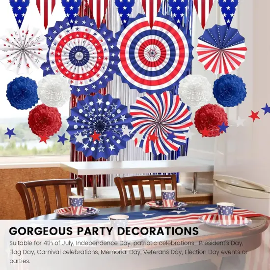 4th of July Decorations Patriotic Decor American Flag Red White Blue Paper Fans Independence Day Star Streamer, Foil Fringe Curtain, Pom Poms, USA Pennant Bunting Party Decor Supplies {5}