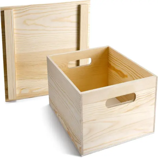 Storage Box 15 x 12 x 7 Inches Pine Wood Decorative Crate Box with Hand Holes and Lid Plain Unpainted Wooden Storage Bins for Home Decor Wine Tool Kitchen Arts Crafts {1}