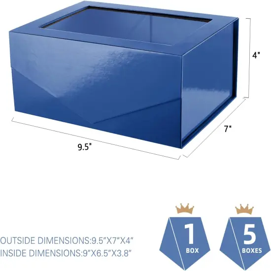 Blue Easter Gift Box with Window, 9x6.5x3.8 Inches, Clear Gift Box for Present Contains Ribbon, Card, Groomsman Proposal Boxes with Magnetic Lid (Glossy Blue) {1}