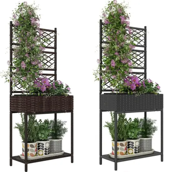 Outdoor Wicker Planter Box with Trellis & Shelf Brown {7}