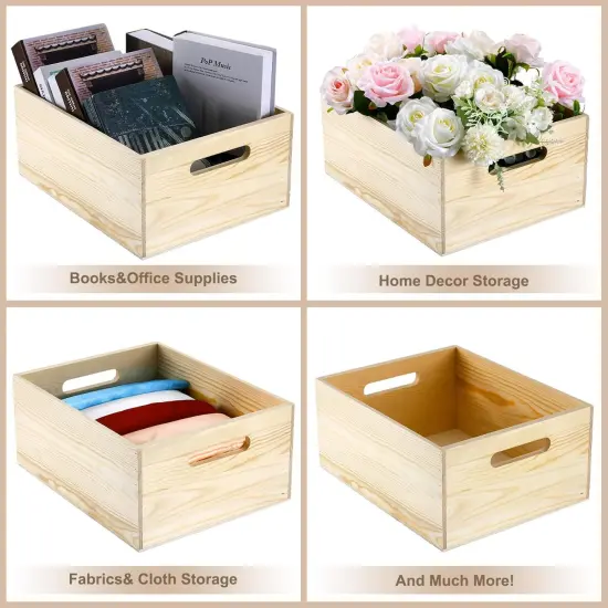 Storage Box 15 x 12 x 7 Inches Pine Wood Decorative Crate Box with Hand Holes and Lid Plain Unpainted Wooden Storage Bins for Home Decor Wine Tool Kitchen Arts Crafts {4}