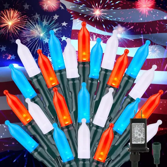 4th of July Decorations Patriotic LED Mini Lights, 39 Feet 100 LED Red White Blue String Lights with 8 Lighting Modes, Connectable Independence Day Light for Wreath Indoor Outdoor Memorial Day {5}