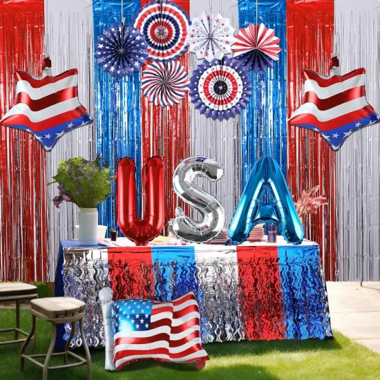 Patriotic Party Supplies Set USA Hanging Paper Fans Foil Fringe Curtains Backdrop Metallic Tinsel Table Skirt USA Flag Foil Balloon for Independence Day Party Supplies {4}