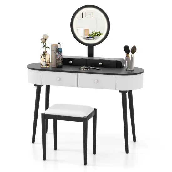 LED Lighted Vanity Table Set with Adjustable Mirror & Cushioned Stool White and Black {4}