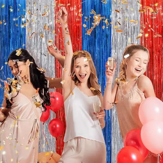 Red Blue Silver Tinsel Foil Fringe Curtains, 2 Pack 3.3x8.3 Feet Party Streamer for Birthday Party Decorations, Halloween Decor, Foil Curtain for Bachelorette Party {4}