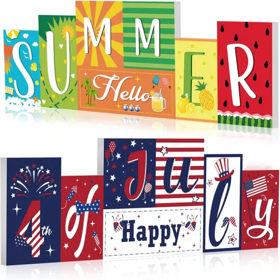 Summer Wooden Table Sign Double Sided Hello Summer and Happy 4th of July Tabletop Sign Hawaii Wood Block Memorial Day patriotic Tiered Tray Decor for Office Home indoor Shelf Centerpiece {1}