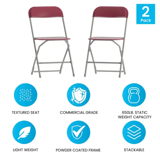 Emma and Oliver Set of 2 Stackable Folding Plastic Chairs - 650 LB Weight Capacity Red {4}