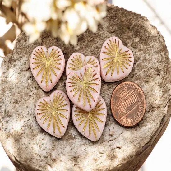 *6* 17mm Gold Washed Opaque Light Pink Heart Beads {4}