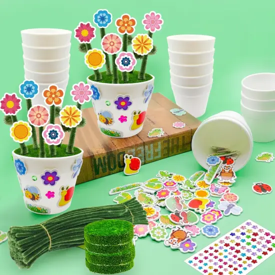 24 Set Garden Plastic Pot Craft Kit，DIY Flower Plant Crafts with Adhesive Foam Stickers, Pipe Cleaners, Flower Growing Kit for Summer {3}