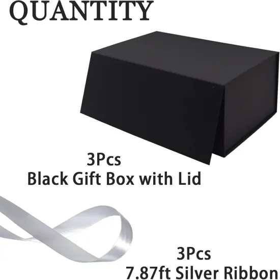 3 Pack Large Gift Box for Present, 12.5 x 8.5 x 4.75 Inches, Black Gift Box with Magnetic Lid, Collapsible Gift Box with Ribbons, Gift boxes with Lids {2}
