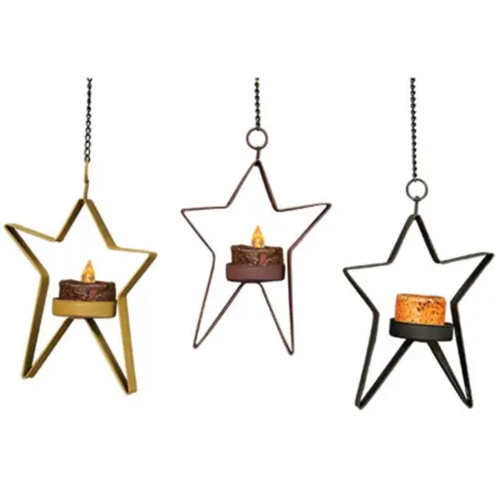 Multi Color Metal Hanging Star Tealight Candle Holders 3 Asst {1}