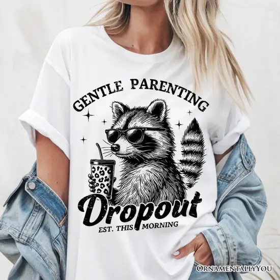 Gentle Parenting Dropout Raccoon T-Shirt, Tired Parent Humor Retro White and Natural Mom Tee {2}
