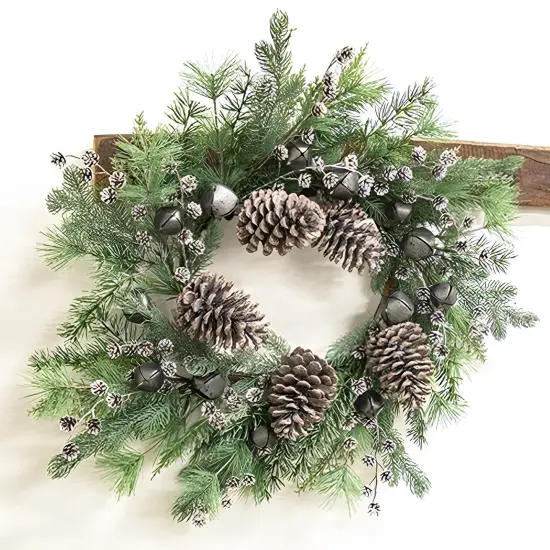 24 Inch Frosted Pine Wreath with Pinecones and Jingle Bells for Winter {2}