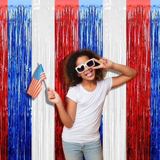 4 Pack 3.2Ft x 8.2Ft Independence Day Foil Fringe Curtain Backdrop, Red Blue White Metallic Tinsel Foil Fringe Streamers Curtains Background for Photo Booth, Birthday, Wedding, Party Decoration {3}