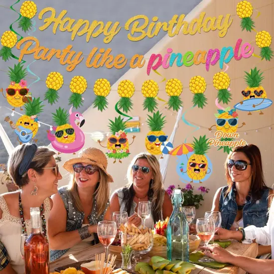 Pineapple Birthday Banner Decorations - Party Like A Pineapple Happy Birthday Banner with Hanging Swirl Tropical Party Decor for Summer Aloha Luau Hawaiian Birthday Party Supplies, Yellow {4}