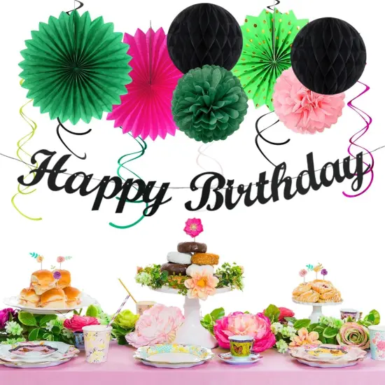 Green Hot-Pink Black Summer-Hawaiian Birthday Decorations - 21pcs Girls Woman Happy Party Banner Garland,Tropical Beach Pool Paper Streamers Lanterns,Flower Tissue Pom Poms Fan Supplies Decor Huglony {4}
