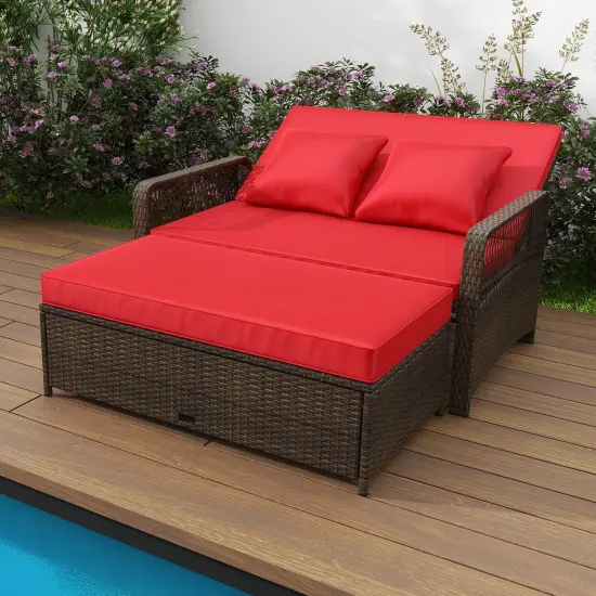 Patio Loveseat and Ottoman Set with 4-level Adjustable Backrest and Storage Area Red {2}