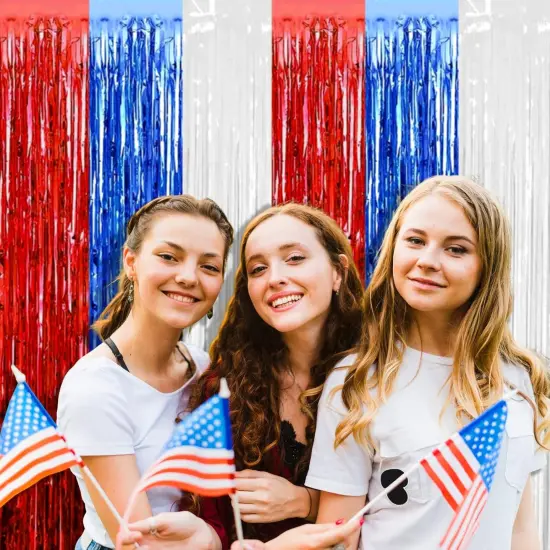 4 Pack Red Blue White Foil Fringe Curtain Backdrop, 3.28Ft x 8.2Ft Metallic Tinsel Foil Fringe Streamers Curtains for Photo Booth, Wedding, Mardi Gras, Birthday, Independence Day Party Decoration {4}