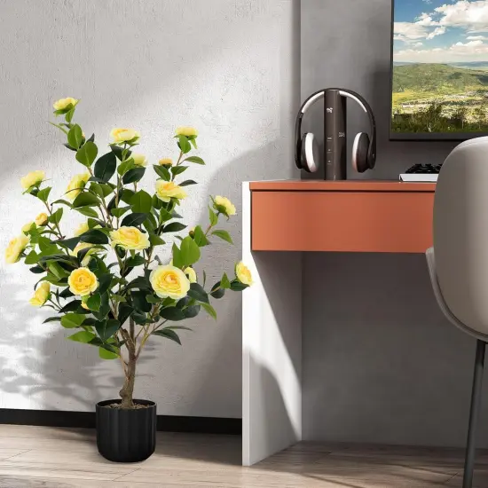 2pcs 38" Artificial Camellia Tree Flower Plant in Yellow Cement {6}
