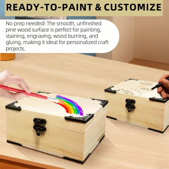 Unfinished Unpainted Wooden Box with Hinged Lid for Crafts DIY, Storage Jewelry Plain Pine Box with 4 Pcs Retro Style Decorative Corner Protectors {4}
