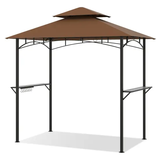 Multi-functional Outdoor Double-Tiered Grill Gazebo Canopy with 2 Side Shelves and 7 Hooks Coffee {8}
