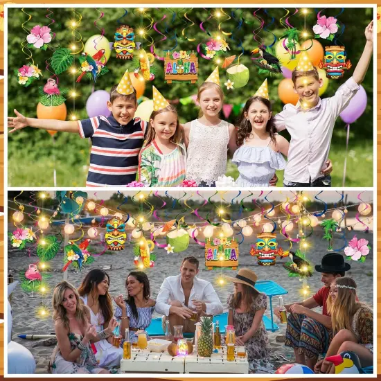 56 Pcs Summer Hawaiian Hanging Decorations with Lights Tropical Luau Hanging Swirls Tiki Flower Palm Flamingo Beach Cutouts Aloha Ceiling Streamers {4}