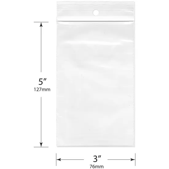 Plymor 3" x 5", 2 Mil with Hang-Hole Zipper Reclosable Plastic Bags {3}