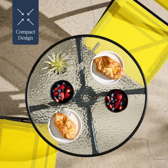 Best Choice Products 3-Piece Patio Bistro Dining Furniture Set w/ Round Textured Glass Tabletop, Folding Chairs Yellow {5}