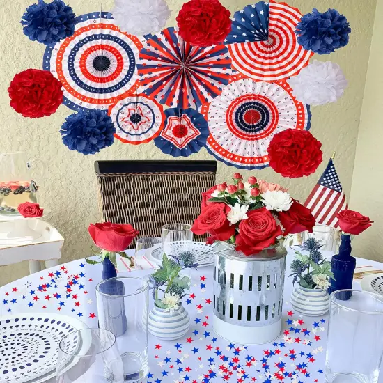 29PCS 4th/Fourth of July Patriotic Decorations Set - Red White Blue Paper Fans,USA Flag Pennant,Star Streamer,Pom Poms,Hanging Swirls Party Decor Supplies {5}