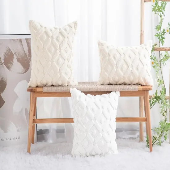 Set of 2 White Plush Short Wool Throw Pillow Covers 18x18 Inch Square Super Soft Cozy Decorative Velvet Cushion Cover for Sofa Bedroom Livingroom Pillow Shell {4}