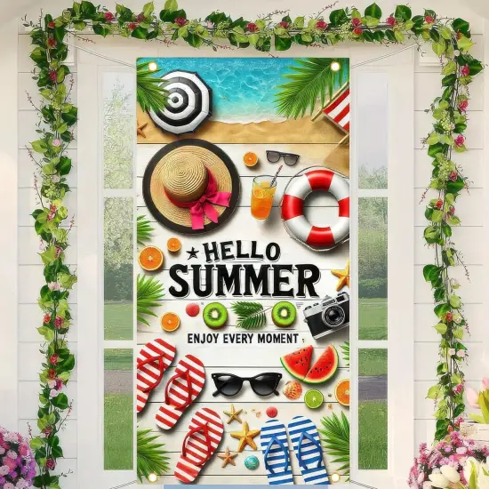 Hello Summer Door Cover Banner 71x35 Inch Summer Hawaiian Party Decorations for Front Porch Photo Background Decor Door Decorations {5}