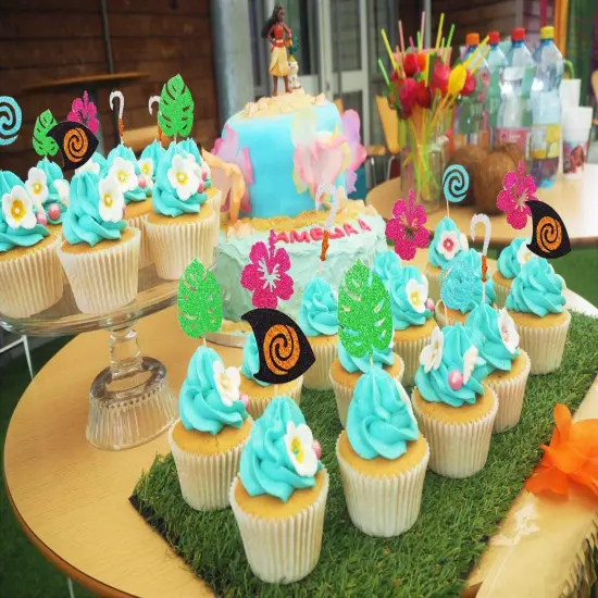 30 Pcs Glittery Moana Inspired Cupcake Toppers Moana Cake Toppers Hawaiian Birthday Party Decoration for Tropical Luau Summer Party Baby Shower Wedding {3}