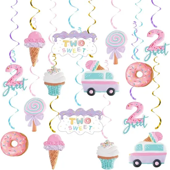 Pastel Ice Cream Two Sweet 2nd Birthday Party Supplies, Ice Cream Donut Party Hanging Swirls Decorations, Summer Ice Cream Party Hanging Streamers for Ice Cream Baby Second Birthday Donut Theme Party {1}