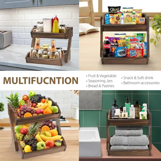 Large Capacity 2-Tier Wooden Fruit Basket, Durable Acacia Wood, 10.5" Tall, Spacious for Produce, Vegetables, Bread Storage and Home Kitchen Countertop {4}