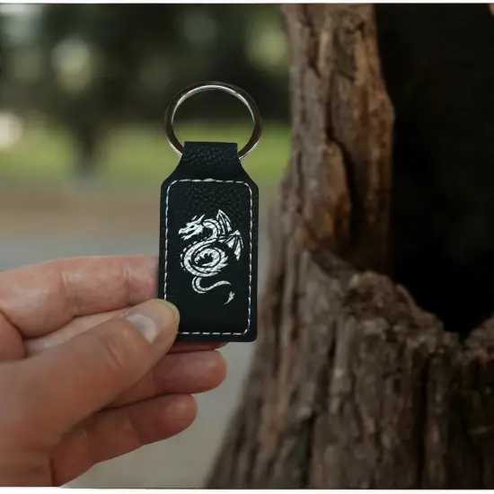 Keychain - Rectangle - Flying Dragon - Leather Black/Silver {6}