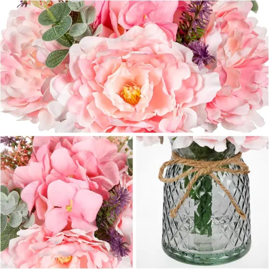 Faux Flower Arrangements Artificial Peony Hydrangea Silk Flowers with Glass Vase Realistic Fake Potted Floral Bouquet {4}
