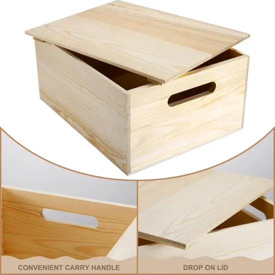 Storage Box 15 x 12 x 7 Inches Pine Wood Decorative Crate Box with Hand Holes and Lid Plain Unpainted Wooden Storage Bins for Home Decor Wine Tool Kitchen Arts Crafts {3}