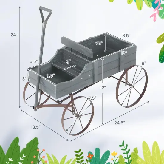 Wooden Garden Wagon Planter with Handle & Wheels Grey {5}