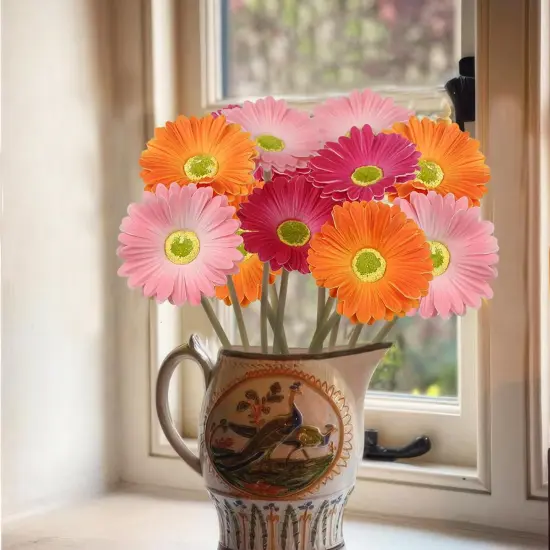 6 Pcs Artificial Summer Tabletop Decor Gerbera Daisies Flowers Artificial Daisy Bouquet Fake Daisy Stems Faux Flowers Bulk Artificial Flowers Wildflowers Silk Flowers for Wedding Bridal Bouquet Party Home Kitchen {5}