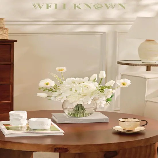 Artificial Flowers for Table Decoration Silk Hydrangea Flowers with Vase Fake Flower Arrangements in Round Bowl Vase with Faux Water for Summer Spring (White) {2}