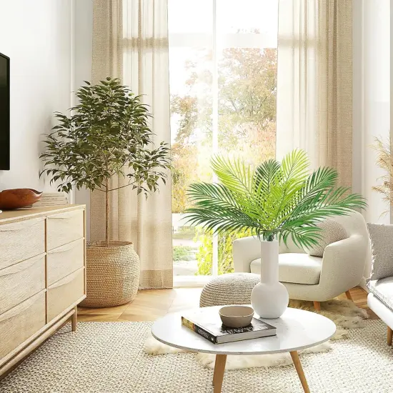 2 PCS Artificial Tropical Palm Leaves Plastic Shrubs Fern Leaves Fake Greenery Palm Plants with Stems Jungle Palm Tree Leaves for Home Garden Hawaiian Party Table Centerpieces Decor {5}