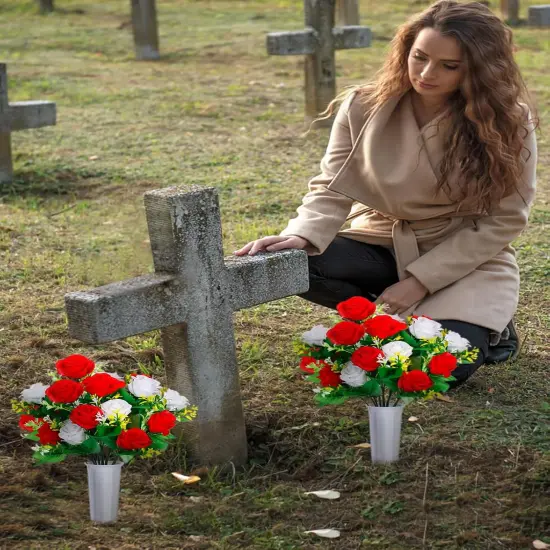 2 Sets Cemetery Vases with Artificial Flowers for Grave - Total 36 Vibrant Red & White Roses Bouquet, Memorial Day Flower Holders Kits with Fixing Foam for Headstones Decoration {4}