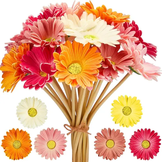 24 Pieces Artificial Gerbera Daisies Flowers Fake Daisy Faux Flowers Bouquet 15 Inch for Wedding Bridal Bouquet Party Home Kitchen Decor (White,Pink,Yellow,Orange,Rose,Coral) {1}
