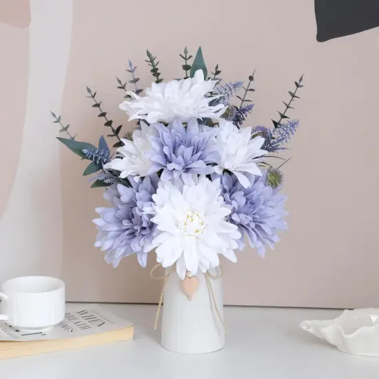 16" Artificial Flowers with Eucalyptus Stems and Greenery, Faux Dahlia Flower Arrangement in White Ceramic Vase with Heart Charm D&eacute;cor, Rustic Farmhouse Table Centerpiece for Home, Kitchen & Office {2}