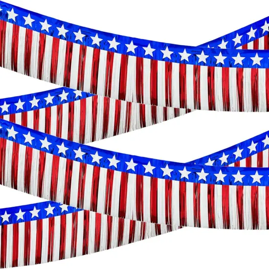 4 Pack Parade Floats Foil Fringe, Each 10 ft x 15'' American Flag Stripes and Stars Tinsel Patriotic foil Fringe Garland for 4th of July Trailer Car Graduation Homecoming Party (4 Pack)&hellip; {1}