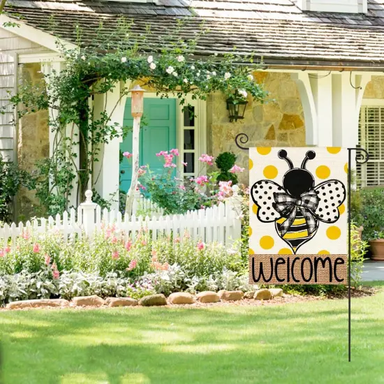 Summer Polka Dot Bee Welcome Garden Flag 12x18 Inch Double Sided Outside, Seasonal Holiday Burlap Yard Outdoor Decoration {3}