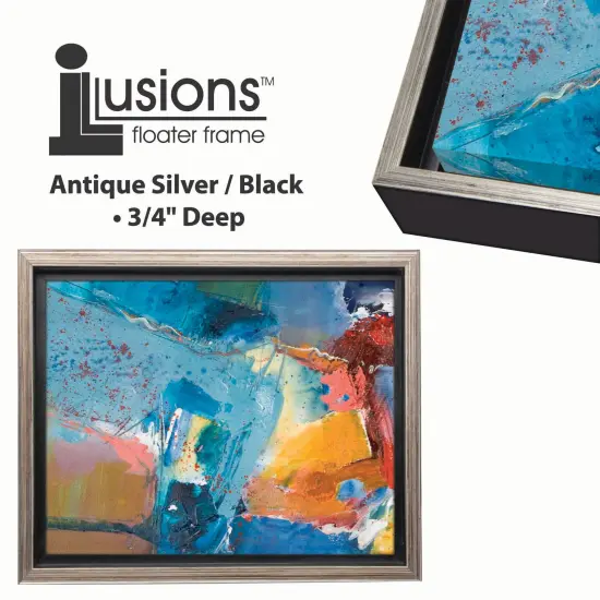 Creative Mark Illusions Floater Frame For 3/4" Deep Canvases - Black w/ Antique Silver Edge - Set of 4 - Ideal for Galleries & Home Decor - Wood Float Frame for Canvas Paintings - w/ Hanging Hardware {4}
