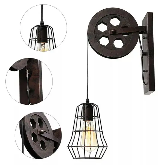 Vintage Wall Light Farmhouse Loft Hallway Lifting Pulley Wall Sconce Lamp Decor {2}