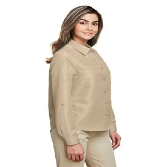 Harriton&reg; Ladies Key West Long-Sleeve Performance Staff Shirt Cloud Blue {4}